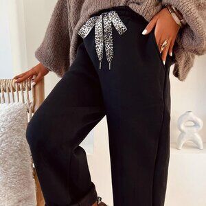 B338 Black Fleece Lined Leopard Drawstring Elastic Waist Solid Pants